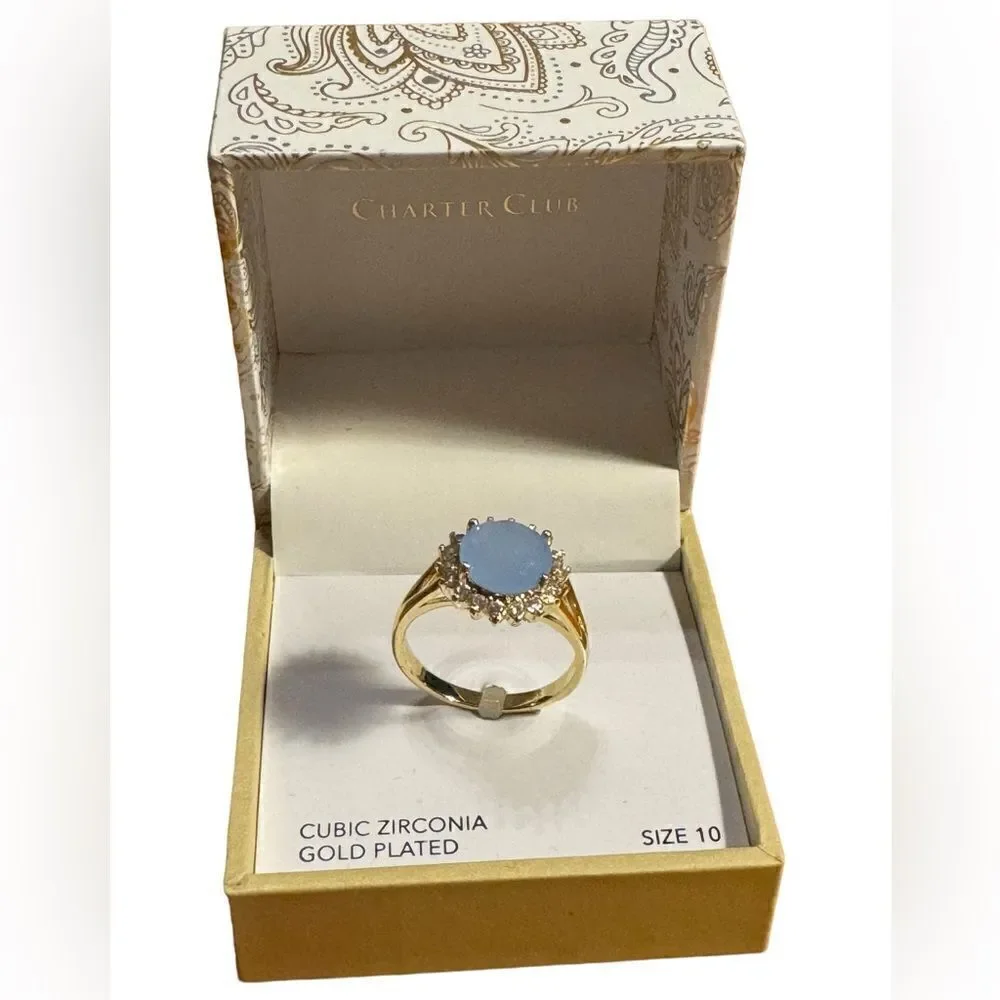 NWT Charter Club Gold-Tone Pave & Blue Crystal Halo Ring